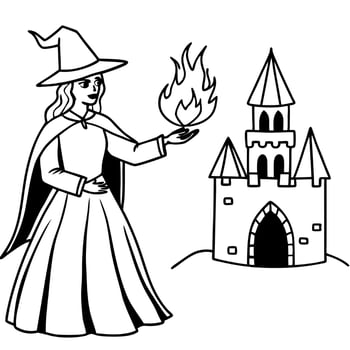 Witch in gothic dress makes casting fire spell in old castle. Halloween concept vector