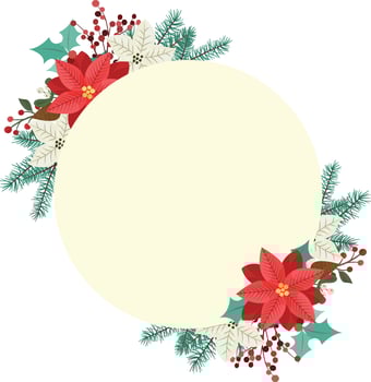 Christmas floral frame with red poinsettia, mistletoe, red berries and fir branches. vector