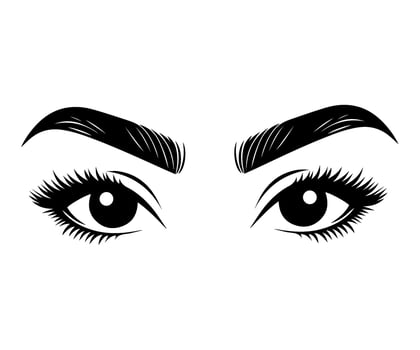 Eyelash extensions, eyebrow tattoo. Black and white illustration of women eyes and eyebrows. A woman face. Beautiful women eyes. Beauty industry. Beauty salon. vector