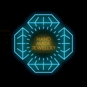 Neon sign for handmade jewelry with diamonds around on black background vector