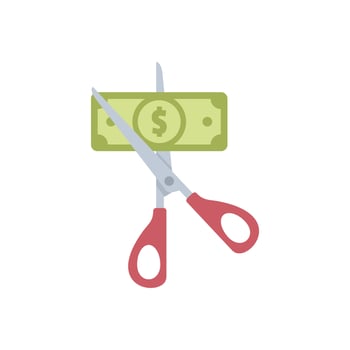 Scissors cutting dollar bill in half reducing costs vector