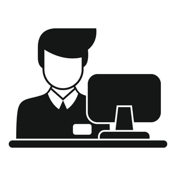 Bank teller working on computer at desk icon vector