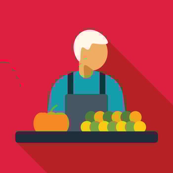 Senior farmer selling fresh organic vegetables and fruits at local market stall vector