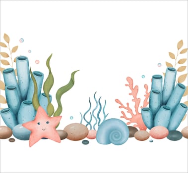 Sea border with algae, stones, bubbles, shells, starfish. Underwater world. Hand drawn watercolor illustration vector