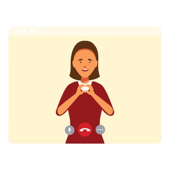 Woman making a heart shape with hands during video call vector