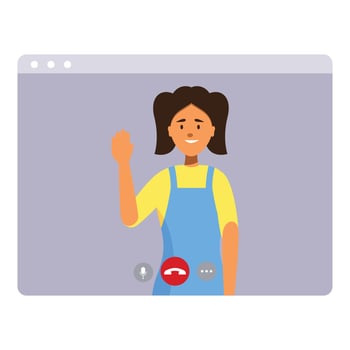 Young woman waving during video call on computer screen vector
