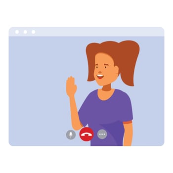 Smiling young woman waving during video call on computer screen vector