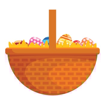 Wicker basket full of painted easter eggs standing on hay vector