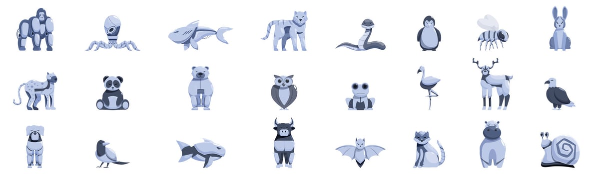 Mechanical animals icons set. Set of robots animals posing with different gestures on white background vector