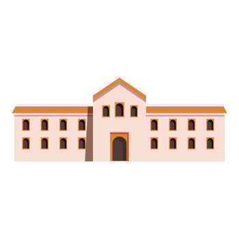 Long one story building with orange roof and arched entranceway vector