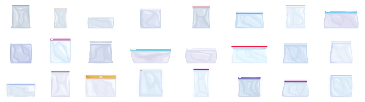 Zip bag icons set. Set of realistic transparent plastic zippered bags showing different sizes and shapes vector