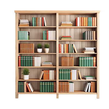 A wooden bookcase with books on it png
