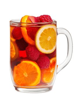 fruit-infused tea with vibrant red and orange hues in a glass mug with floating lemon and berries on isolated background png