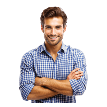 A man in a checkered shirt is smiling png