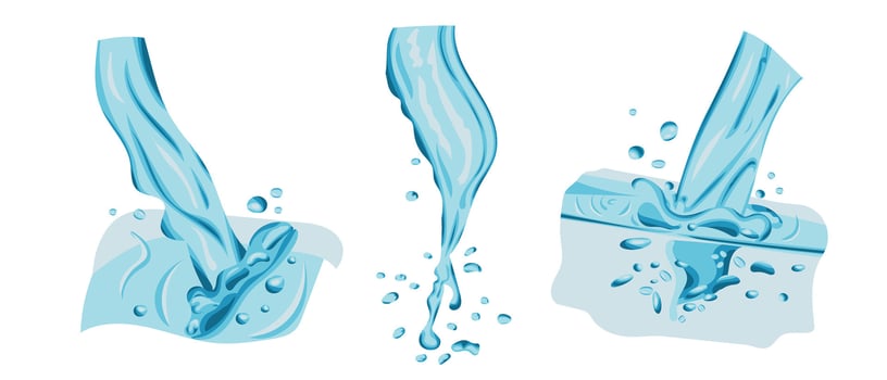 Set of water pouring flow in realistic hand drawn style. Splashes of water or other liquid. Waves and drops movement vector