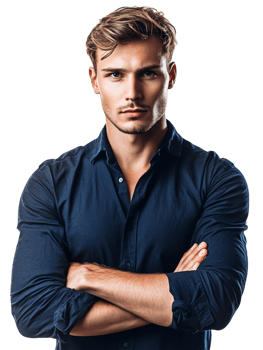 A man in a blue shirt standing with his arms crossed png