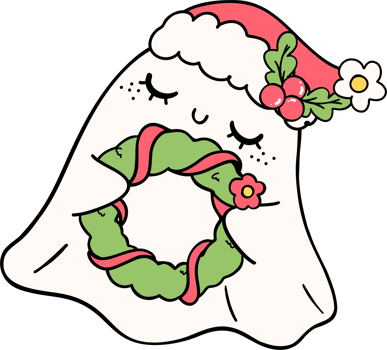 Festive Retro Groovy Christmas Ghost wreath Cute Hand Drawn Cartoon Doodle Character png