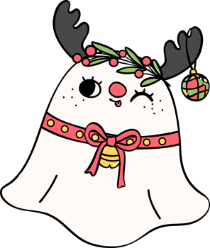 Festive Retro Groovy Christmas Ghost reindeer Cute Hand Drawn Cartoon Doodle Character for playful and cheerful holiday projects. png