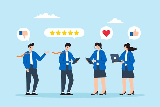 Flat illustration of business people giving feedback and communicating opinions through customer service quality survey vector