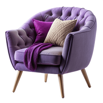 Purple Single armchair with round pillow and blanket isolated on transparent background png