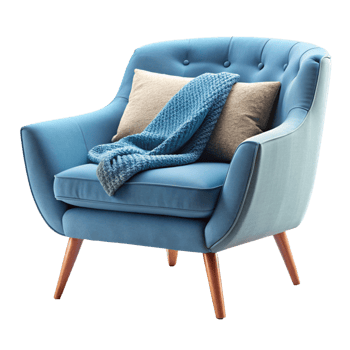 Blue Single armchair with round pillow and blanket isolated on transparent background png