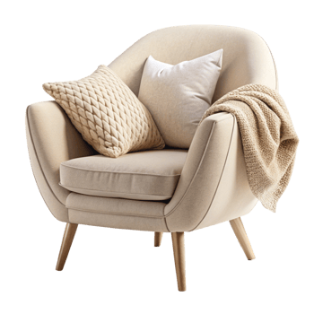 A Single armchair with round pillow and blanket isolated on transparent background png