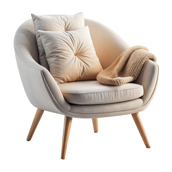 Beige Single armchair with round pillow and blanket isolated on transparent background png