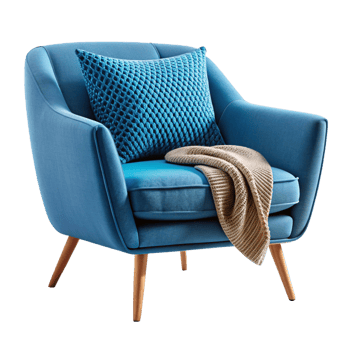 Simple Blue Single armchair with round pillow and blanket isolated on transparent background png