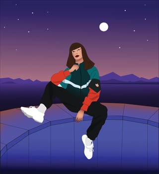 Stylish figures wear contemporary streetwear outfits women, moon night background. vector