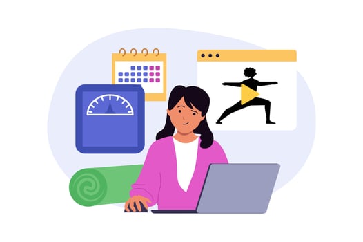 Education concept in modern flat design for web. Woman planning sport activities with calendar, exercising with yoga lessons, training and doing workout for weight loss. illustration. vector