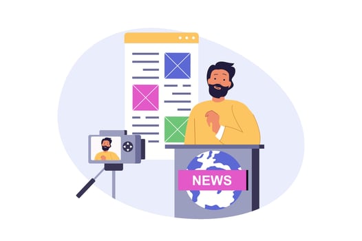 Journalism concept in modern flat design for web. Man working as presenter in tv show, recording breaking news program in studio, broadcasting information and messages in mic. illustration. vector