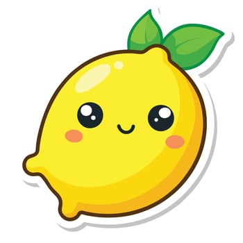 A sticker of a lemon with eyes and a green leaf vector
