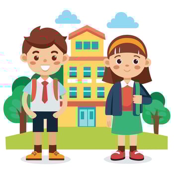 School kids girl and boy in front of school Campus Cartoon Illustration. vector