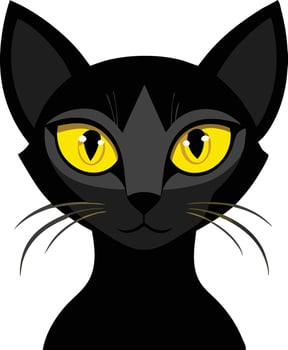 Black cat face with yellow eyes staring forward, illustrated in a simple cartoon style vector
