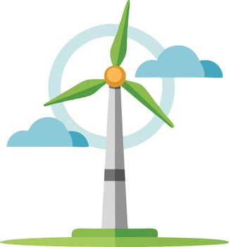 Green wind turbine symbolizing clean energy, illustrated in a cartoon style vector