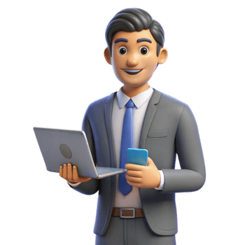 Smiling Cartoon Businessman Holding Laptop and Smartphone png