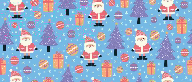 Seamless children's Christmas pattern with Santa Claus, trees, snow and gifts. Christmas and New Year background for packaging, fabric. vector