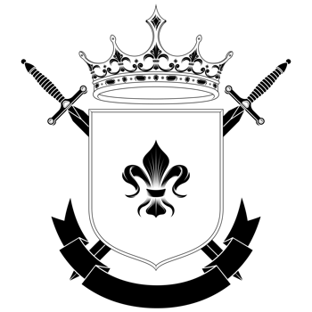 Middle ages heraldic shield, coat of arms with heraldic symbol of fleur de lis and crown, in black and white silhouette and lines style png