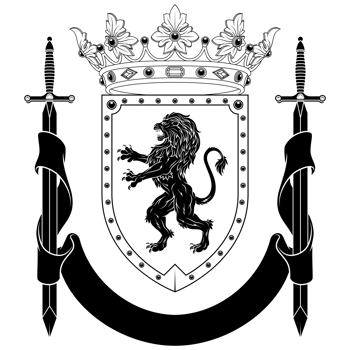 Heraldic shield of the middle ages, coat of arms with heraldic symbol of a rampant lion, in black and white silhouette and lines style png