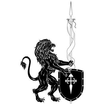 Rampant lion with shield, heraldic symbol of the European Middle Ages, mythological war beast png