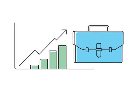 Briefcase alongside an upward arrow and a bar chart, illustrating financial advancement and strategic planning, isolated doodle line art flat illustration on white background vector