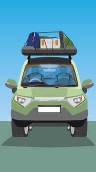 Vertical of or Illustration of a green car. Can see interior of car. Family car for travel with rack on top roof and Luggage. Background two tone of green and blue. vector
