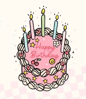Groovy Retro Birthday Cake with candles Doodle Pink Pastel Bold Line Festive Design idea for greeting card vector