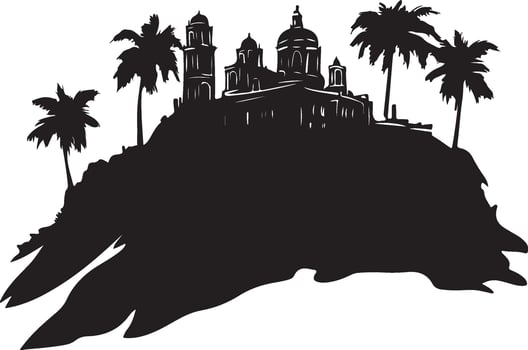 a silhouette of a church on a hill with palm trees vector