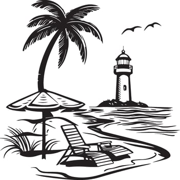 a black and white drawing of a beach scene with a lighthouse and palm trees vector