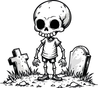 Cartoon skeleton standing in front of tombstone vector