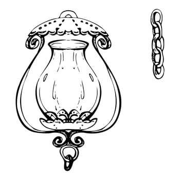 Ancient vintage lantern, iron cast ornate street light gas lamp with chain, city urban decor. Hand drawn ink illustration. Single element isolated on white. Design travel, vacation, brochure vector