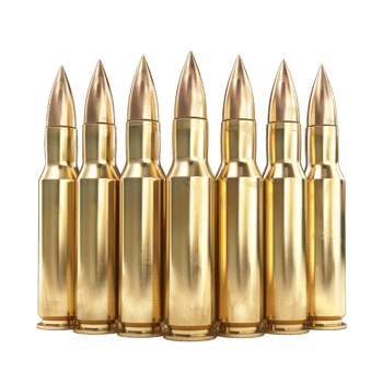 A close-up view of gold-colored bullets lined up in a row, showcasing their sleek design and pointed tips. png