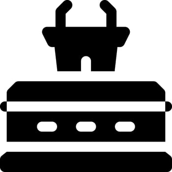 A black and white image of a coffin with a shopping basket on top vector