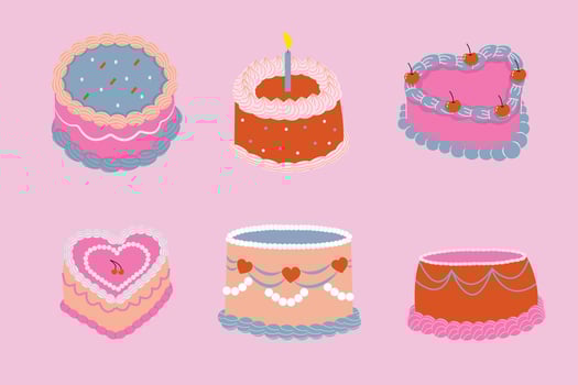 Set of cute cakes in retro style. The illustration is hand drawn. Concept of birthday, party, wedding. vector